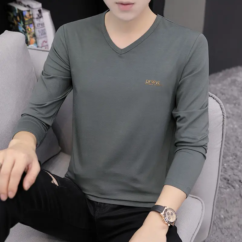 Men V-neck Long Sleeve T-Shirt Grey Korean Style