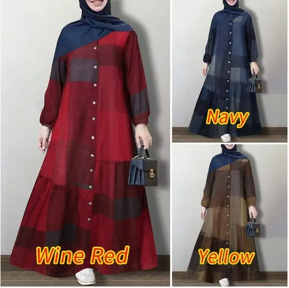 Wine Red Plaid Long Sleeve Muslim Dress for Women - Image 4