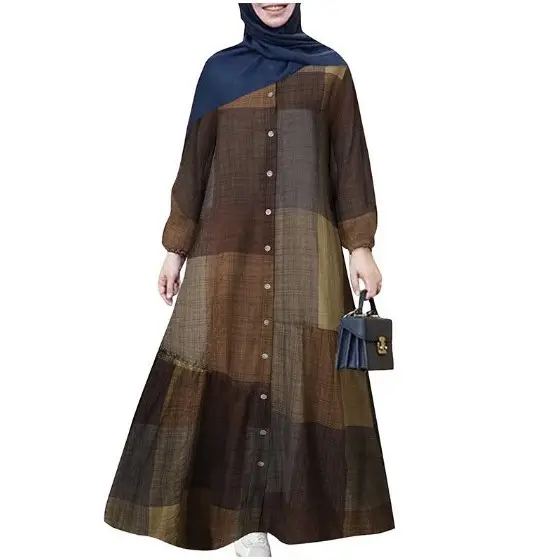 Wine Red Plaid Long Sleeve Muslim Dress for Women - Image 3