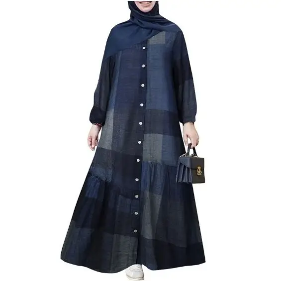 Wine Red Plaid Long Sleeve Muslim Dress for Women - Image 6