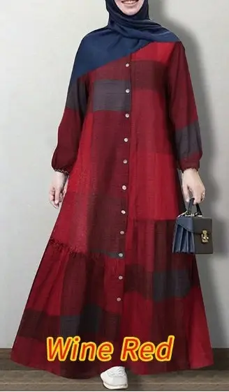Wine Red Plaid Long Sleeve Muslim Dress for Women - Image 2