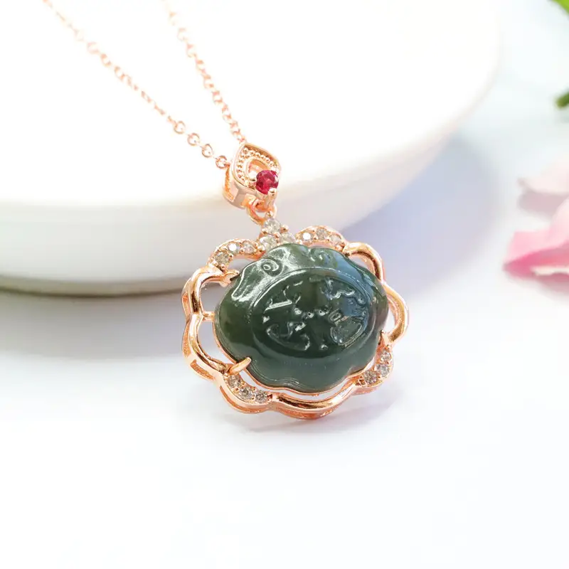 Guan Yu Jade Pendant Necklace with Red Stone — feature 6