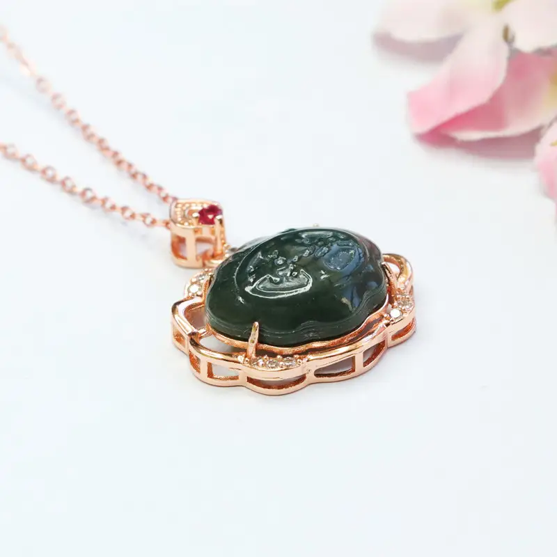 Guan Yu Jade Pendant Necklace with Red Stone — feature 7