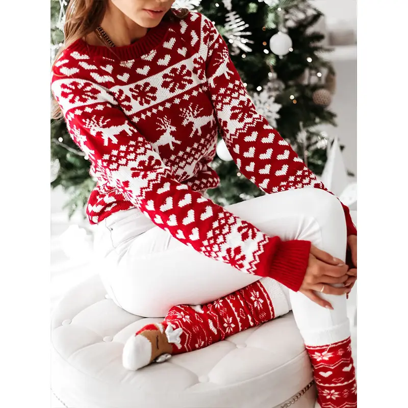 2022 Red White Knitted Women's Christmas Sweater Set - Image 6