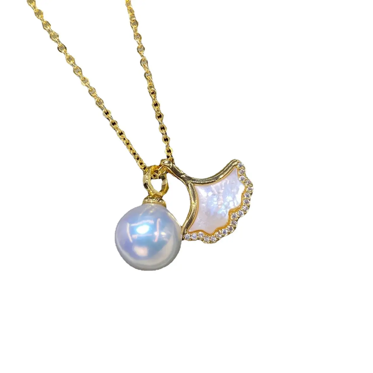 Gold Pearl Crossbody Necklace with Mother Shell Design - Image 5