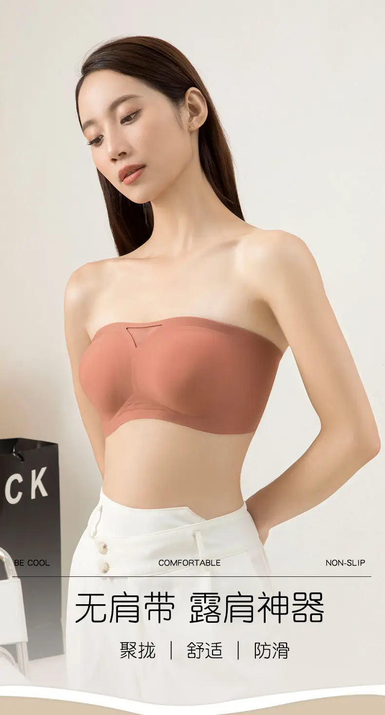 Half cup non-slip strapless one-piece seamless underwear soft support beautiful back thin small chest gathered breathable tube — feature 13