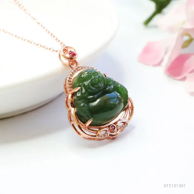 Guan Yu Jade Buddha Necklace with Rose Gold Chain - Image 4
