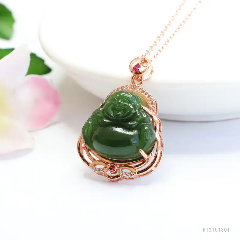 Guan Yu Jade Buddha Necklace with Rose Gold Chain - Image 5