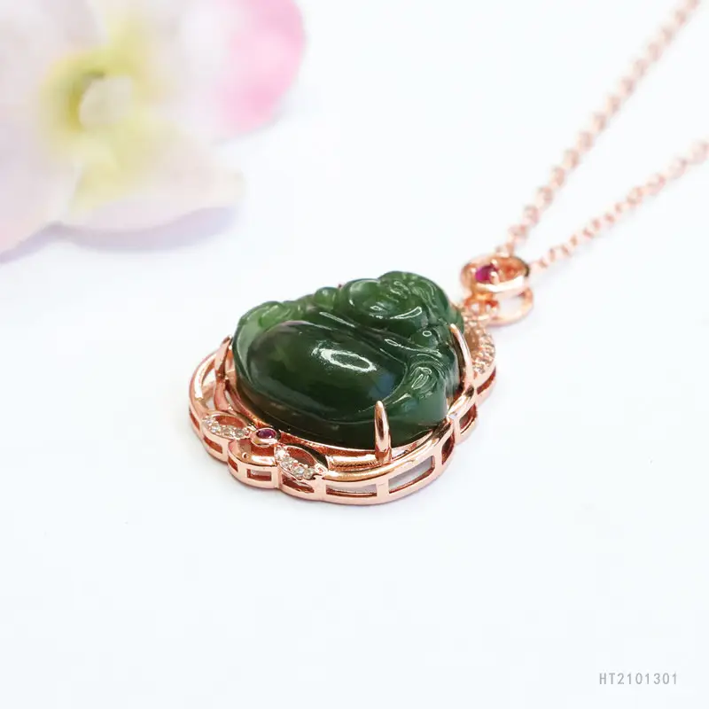 Guan Yu Jade Buddha Necklace with Rose Gold Chain - Image 6