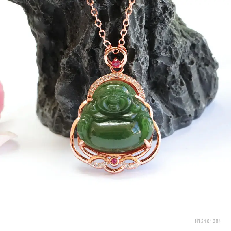 Guan Yu Jade Buddha Necklace with Rose Gold Chain - Image 2