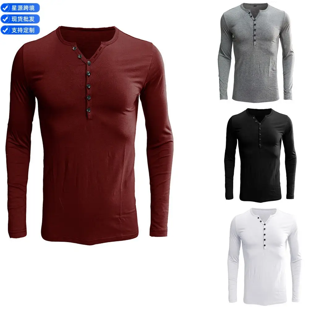 Men's Long Sleeve Button Down T-Shirt Maroon Black White - Image 6