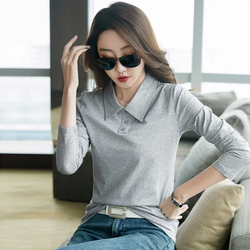 Women's Light Blue Polo Shirt Long Sleeve Elegant Lapel - Image 5
