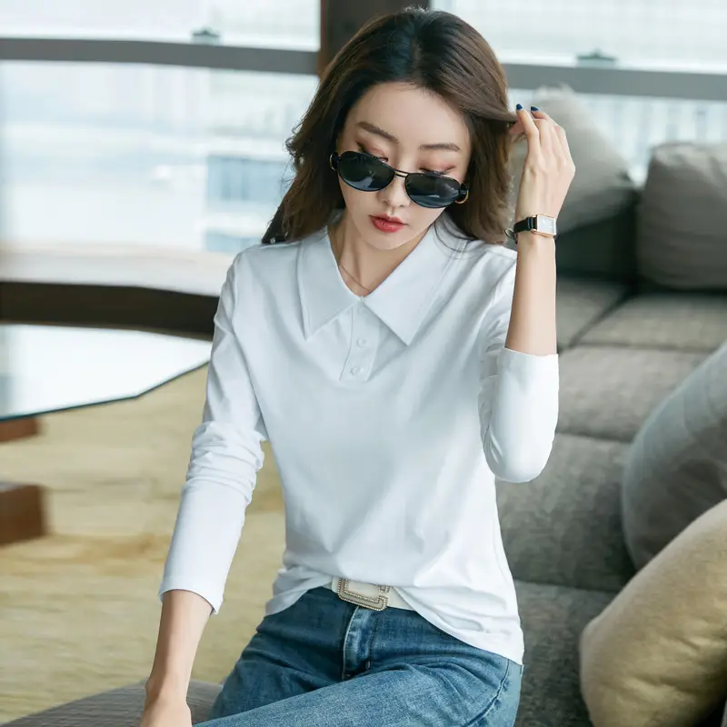 Women's Light Blue Polo Shirt Long Sleeve Elegant Lapel - Image 2