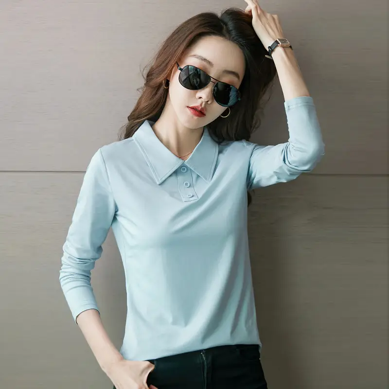 Women's Light Blue Polo Shirt Long Sleeve Elegant Lapel - Image 4