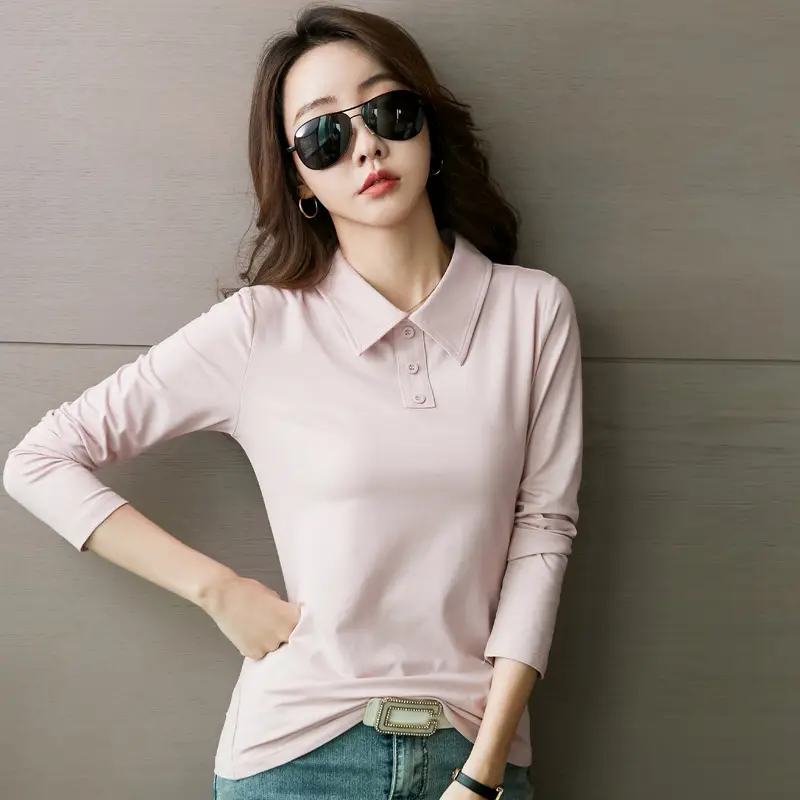 Women's Light Blue Polo Shirt Long Sleeve Elegant Lapel - Image 3
