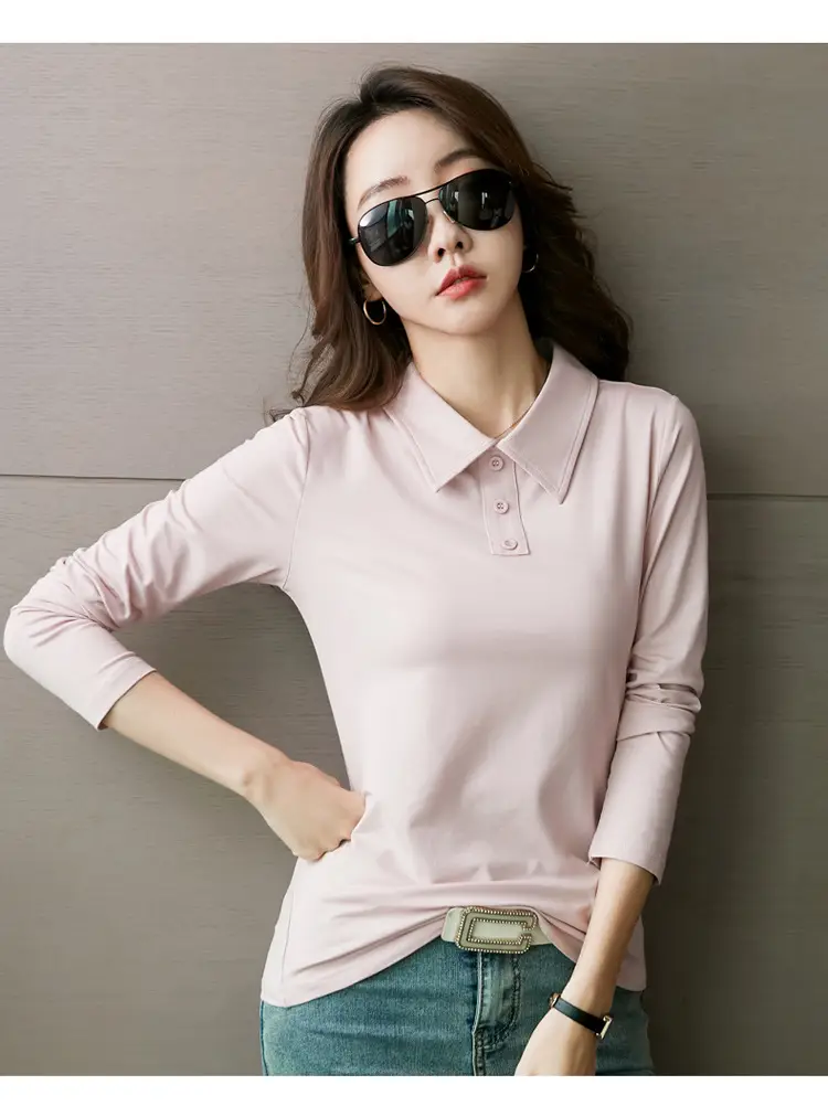 Women's Light Blue Polo Shirt Long Sleeve Elegant Lapel — feature 10