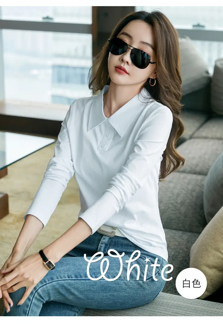Women's Light Blue Polo Shirt Long Sleeve Elegant Lapel — feature 11