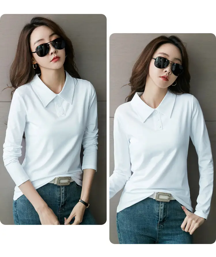 Women's Light Blue Polo Shirt Long Sleeve Elegant Lapel — feature 13