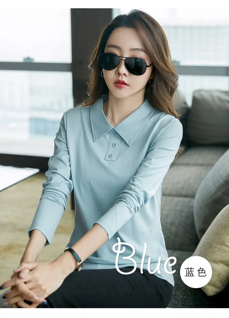 Women's Light Blue Polo Shirt Long Sleeve Elegant Lapel — feature 14