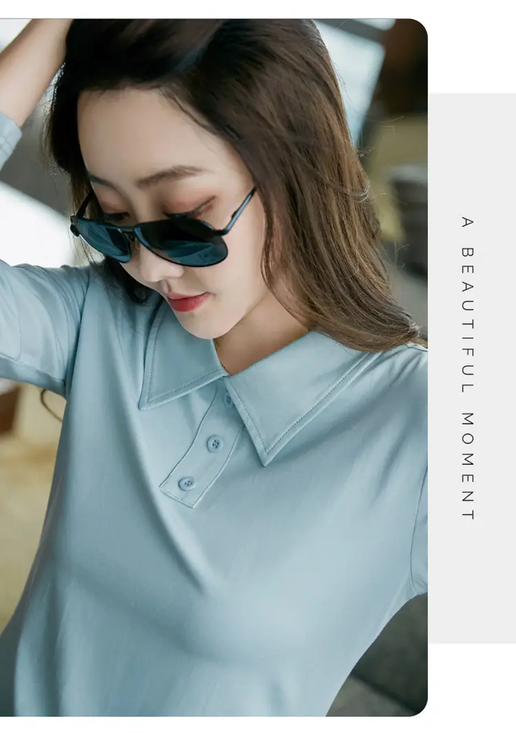 Women's Light Blue Polo Shirt Long Sleeve Elegant Lapel — feature 15