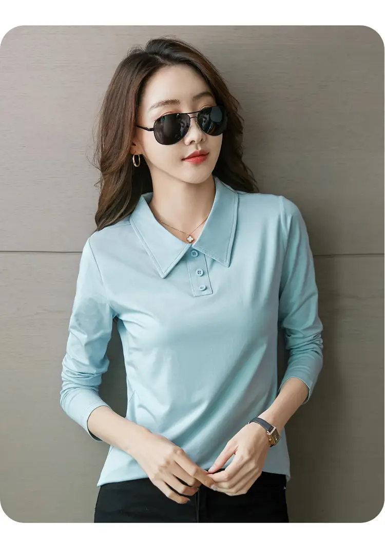 Women's Light Blue Polo Shirt Long Sleeve Elegant Lapel — feature 16