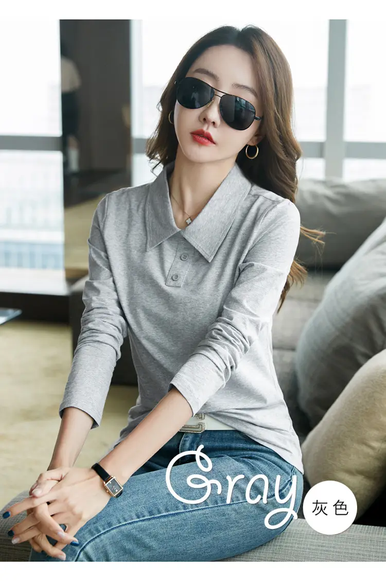 Women's Light Blue Polo Shirt Long Sleeve Elegant Lapel — feature 17
