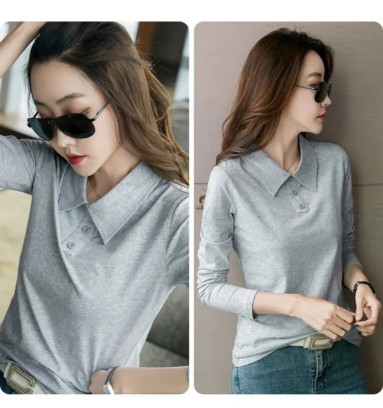 Women's Light Blue Polo Shirt Long Sleeve Elegant Lapel — feature 18