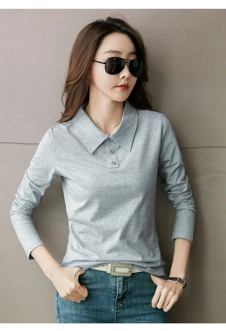 Women's Light Blue Polo Shirt Long Sleeve Elegant Lapel — feature 19