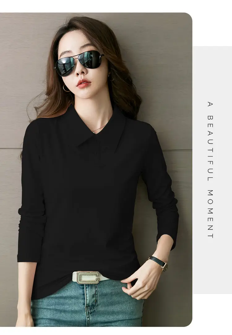 Women's Light Blue Polo Shirt Long Sleeve Elegant Lapel — feature 21