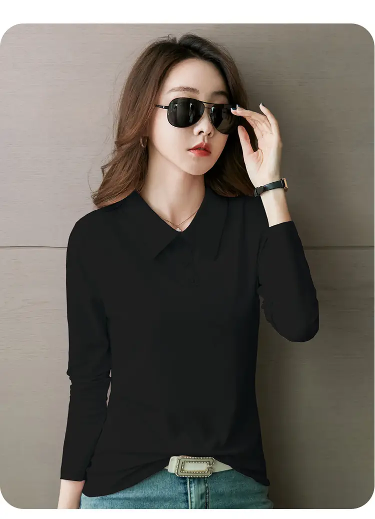 Women's Light Blue Polo Shirt Long Sleeve Elegant Lapel — feature 22
