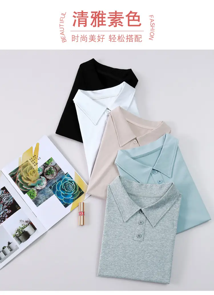 Women's Light Blue Polo Shirt Long Sleeve Elegant Lapel — feature 3