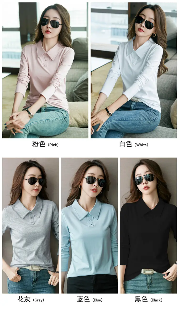 Women's Light Blue Polo Shirt Long Sleeve Elegant Lapel — feature 4