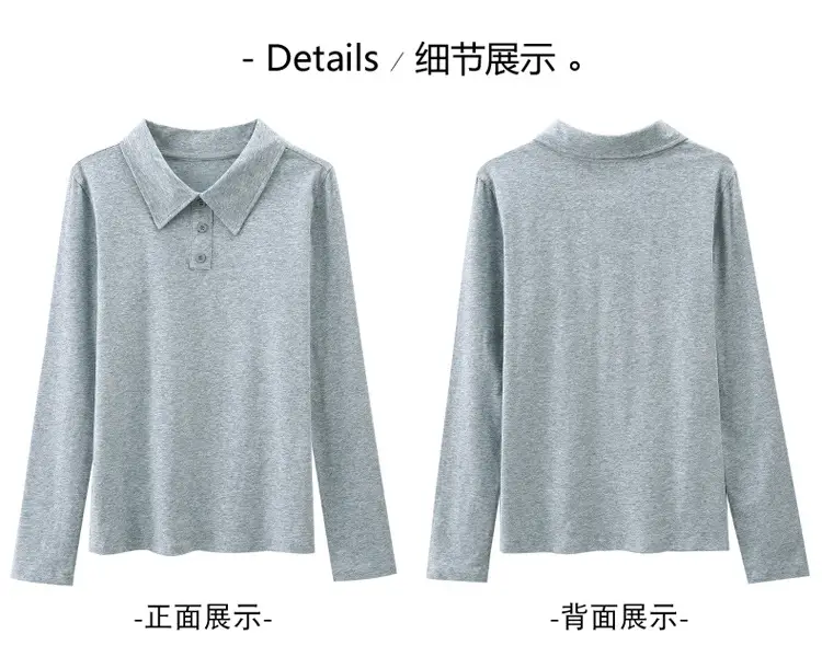 Women's Light Blue Polo Shirt Long Sleeve Elegant Lapel — feature 5