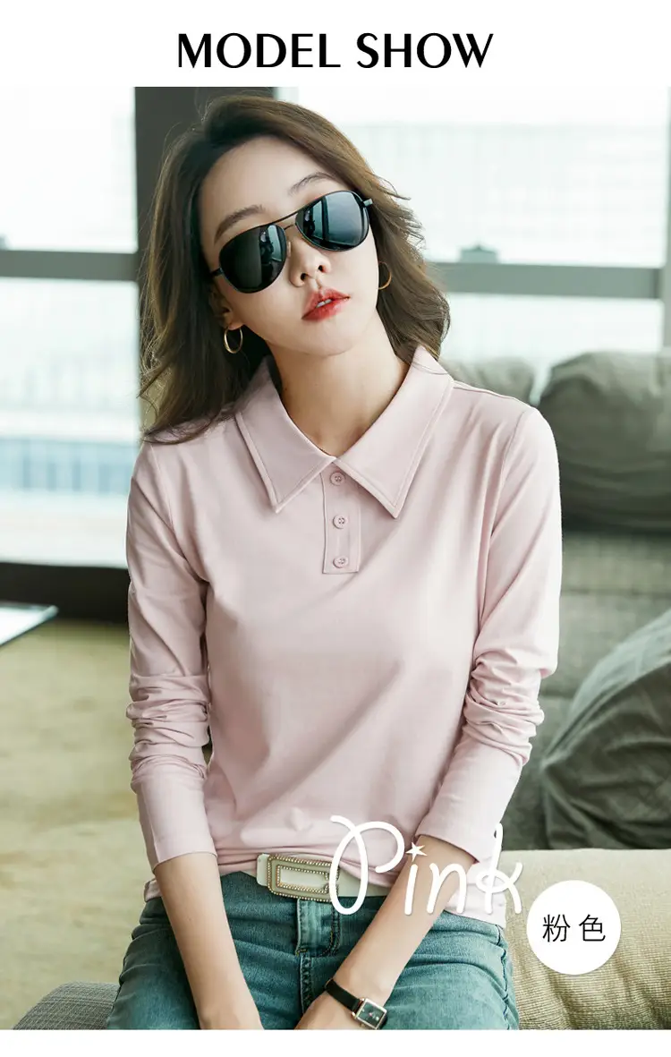 Women's Light Blue Polo Shirt Long Sleeve Elegant Lapel — feature 8