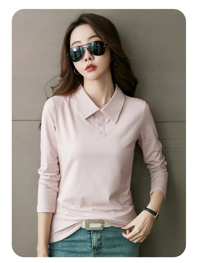 Women's Light Blue Polo Shirt Long Sleeve Elegant Lapel — feature 9
