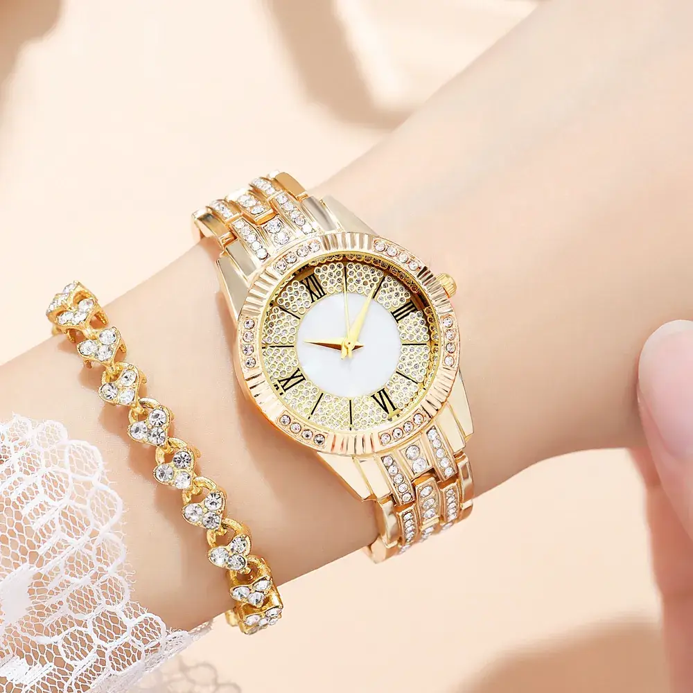 2022 Women's Rose Gold Rhinestone Watch Set - Image 6