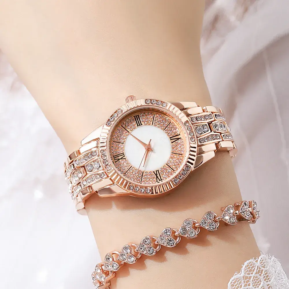 2022 Women's Rose Gold Rhinestone Watch Set - Image 7