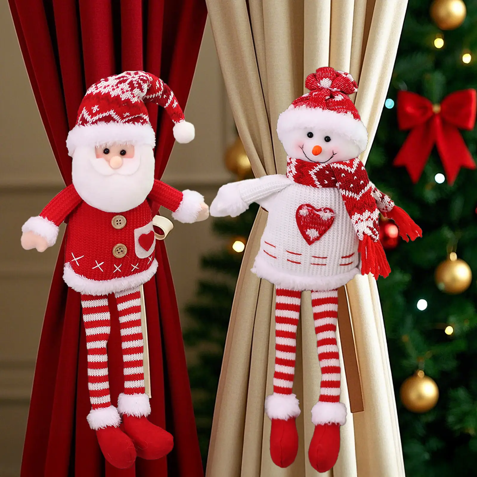 Three-Dimensional Christmas Santa Doll Curtains Tieback Knitted Red White — feature 10