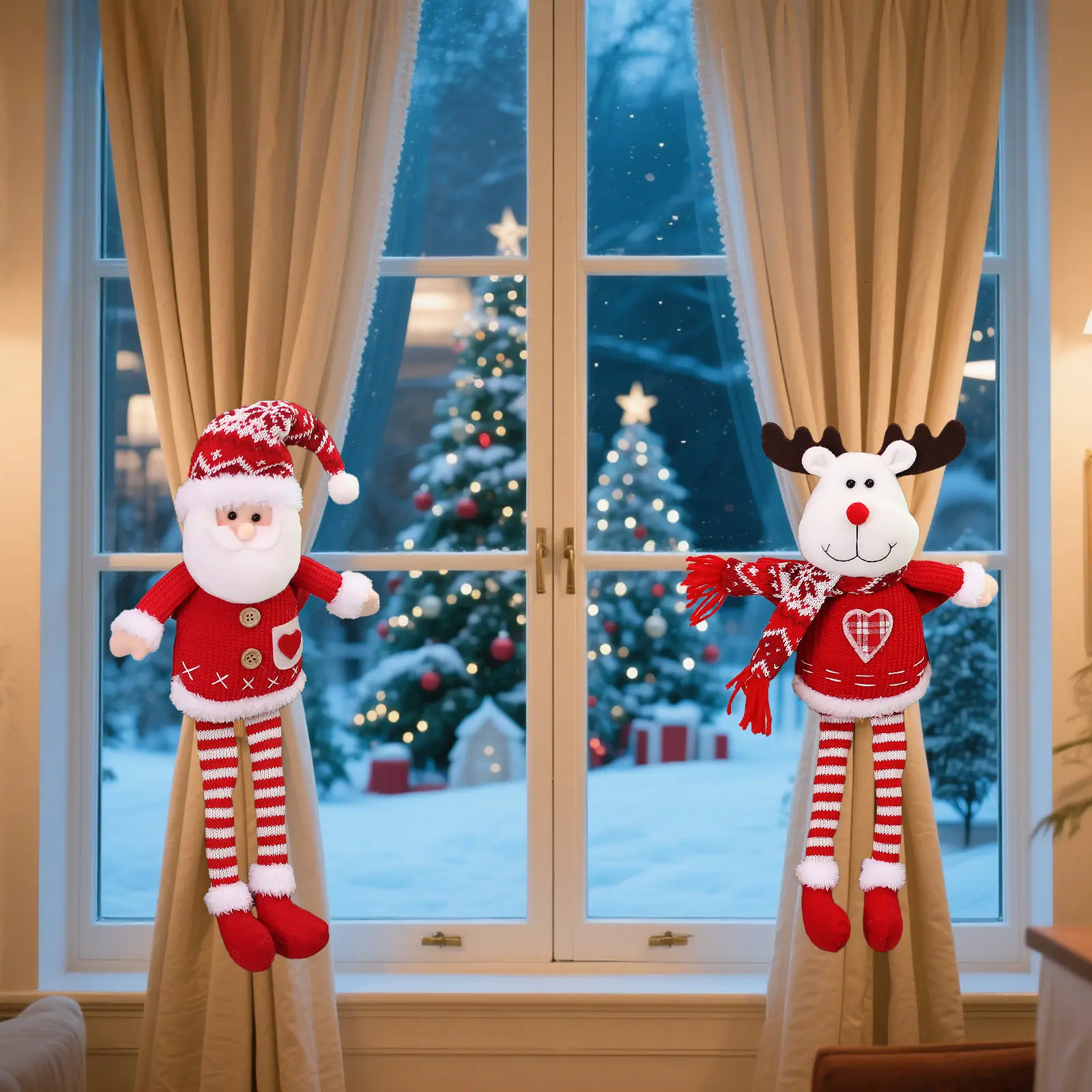 Three-Dimensional Christmas Santa Doll Curtains Tieback Knitted Red White — feature 11