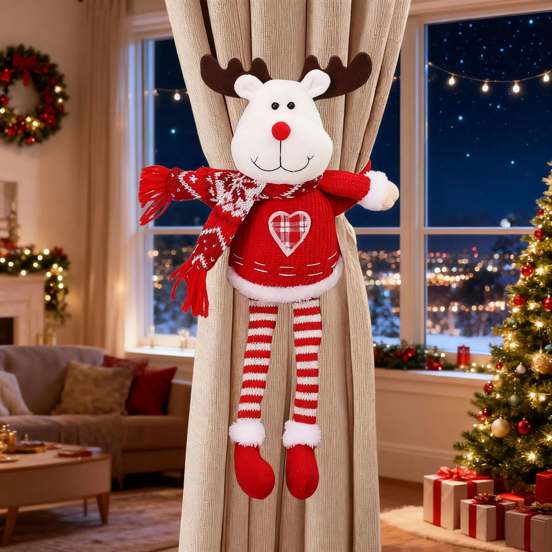 Three-Dimensional Christmas Santa Doll Curtains Tieback Knitted Red White — feature 12