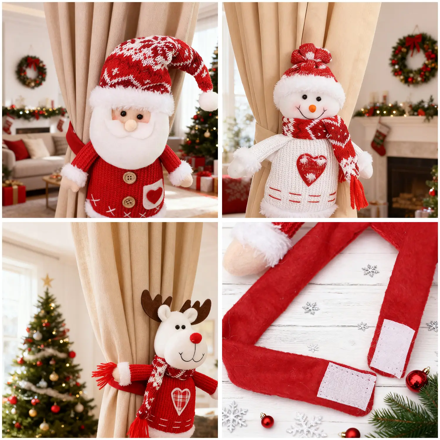 Three-Dimensional Christmas Santa Doll Curtains Tieback Knitted Red White — feature 7