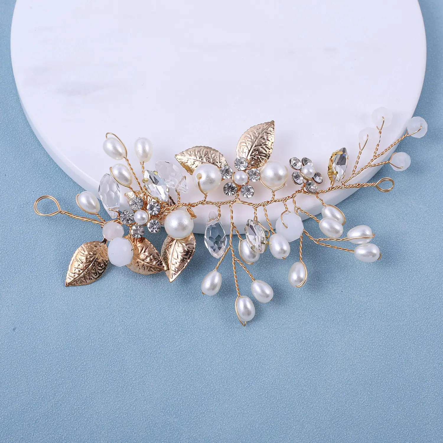 Wedding Crystal Hair Band with Leaves and Pearls - Image 3
