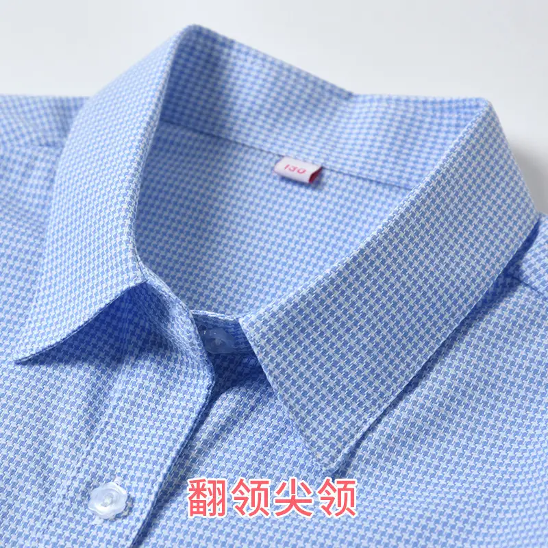 Girls Cotton Houndstooth Blue Long Sleeve Shirt - Image 3