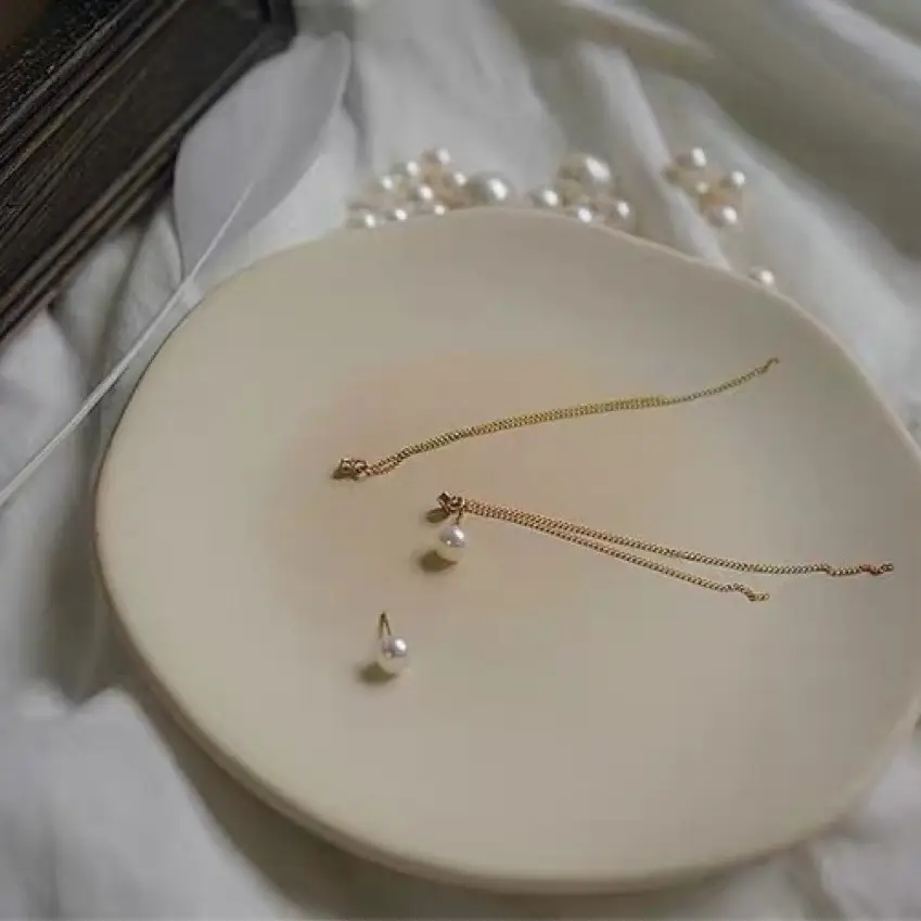 14K Gold Pearl Tassel Earrings Set for Women