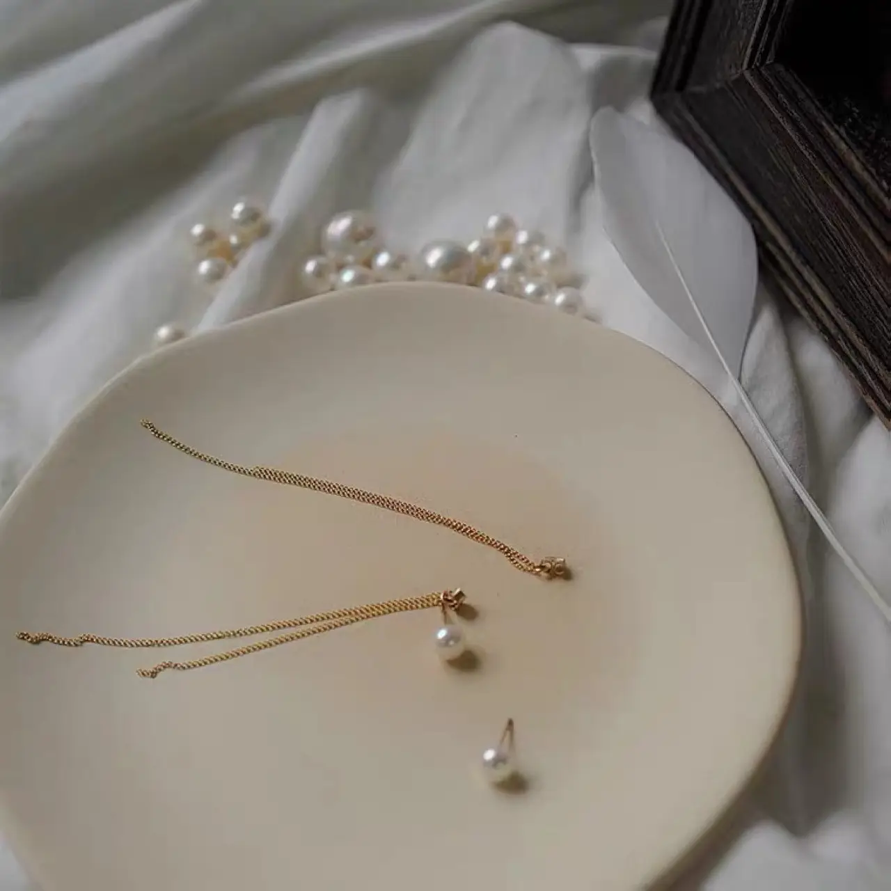 14K Gold Pearl Tassel Earrings Set for Women