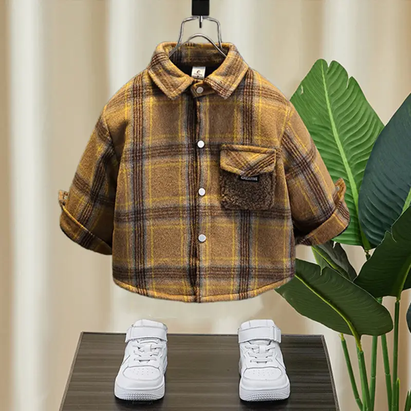 Boys Plaid Hooded Shirt Winter Warm Outerwear