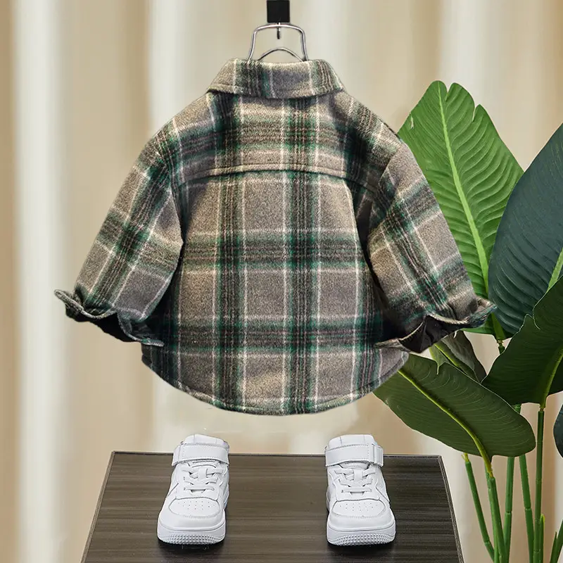 Boys Plaid Hooded Shirt Winter Warm Outerwear