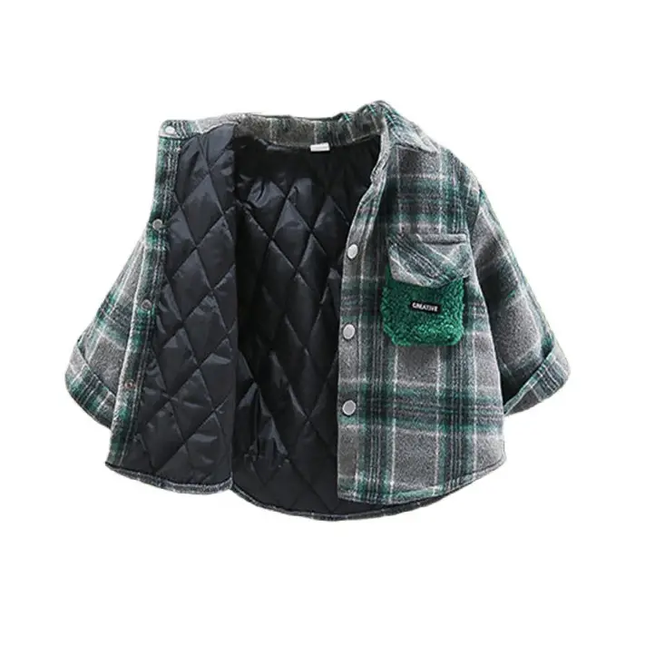 Boys Plaid Hooded Shirt Winter Warm Outerwear
