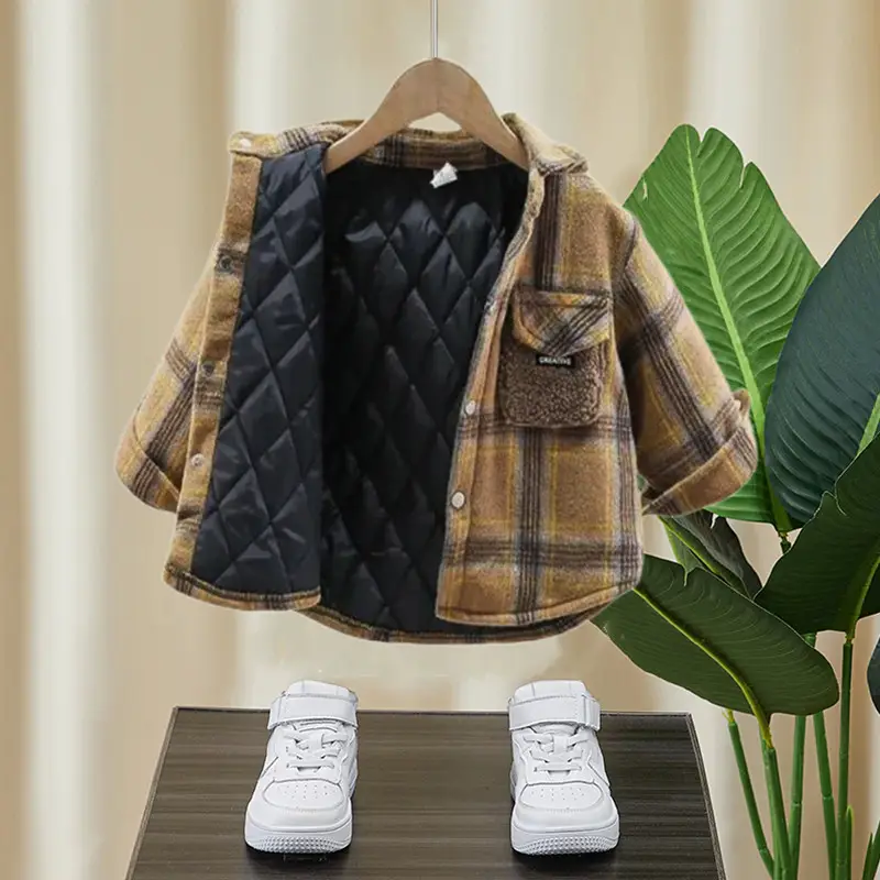 Boys Plaid Hooded Shirt Winter Warm Outerwear