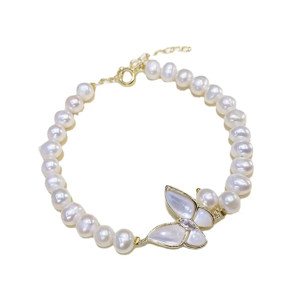 Women's Butterfly Pearl Bracelet with Gold Plated Finish